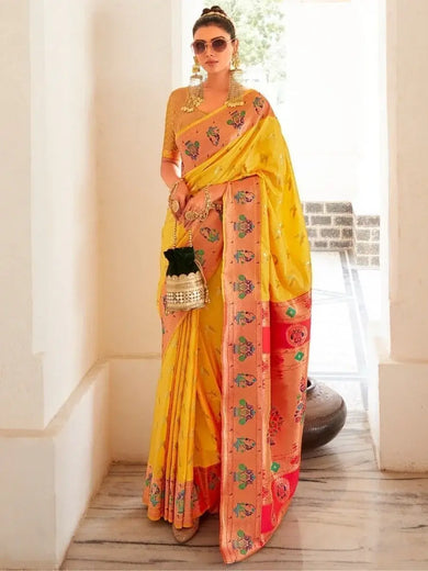 Fascinating Yellow Zari Woven Silk Haldi Wear Saree With Blouse